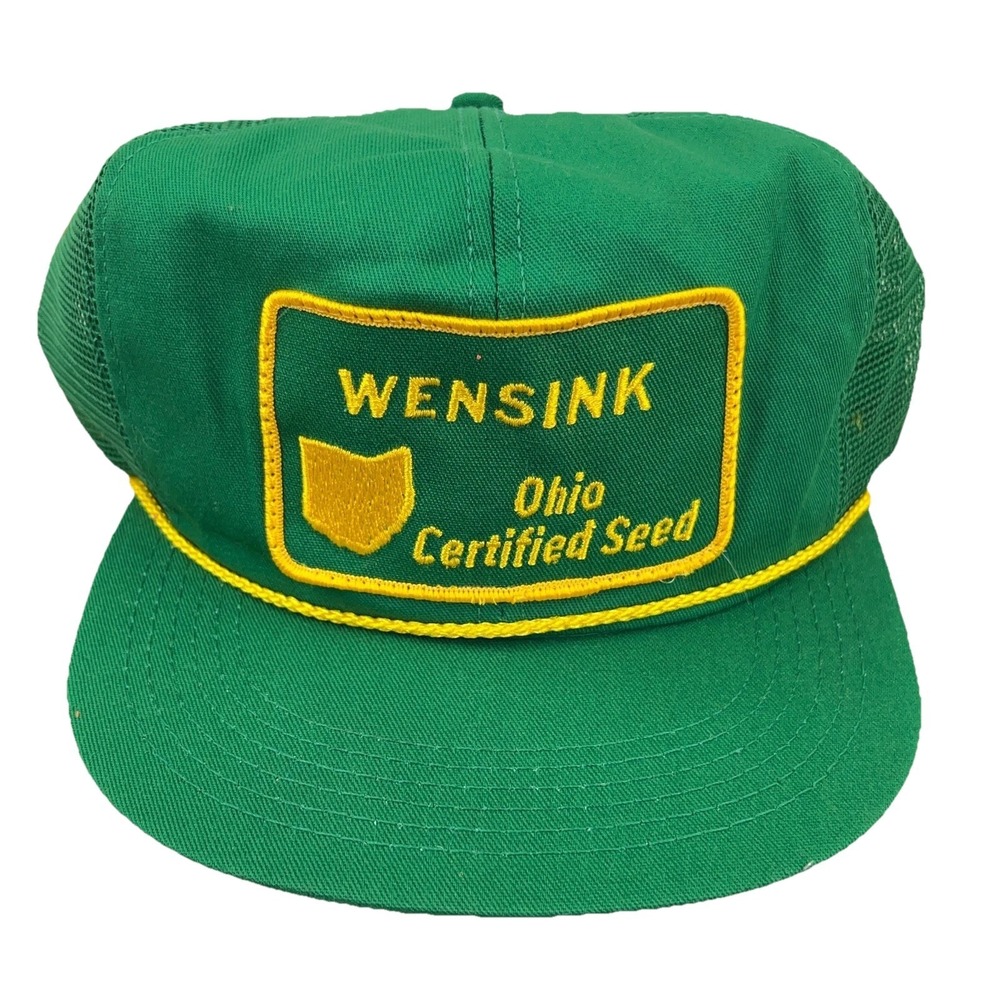 Vintage K Products Trucker Hat Cap Made USA 80s Wensinh Seed Farm Green Yellow